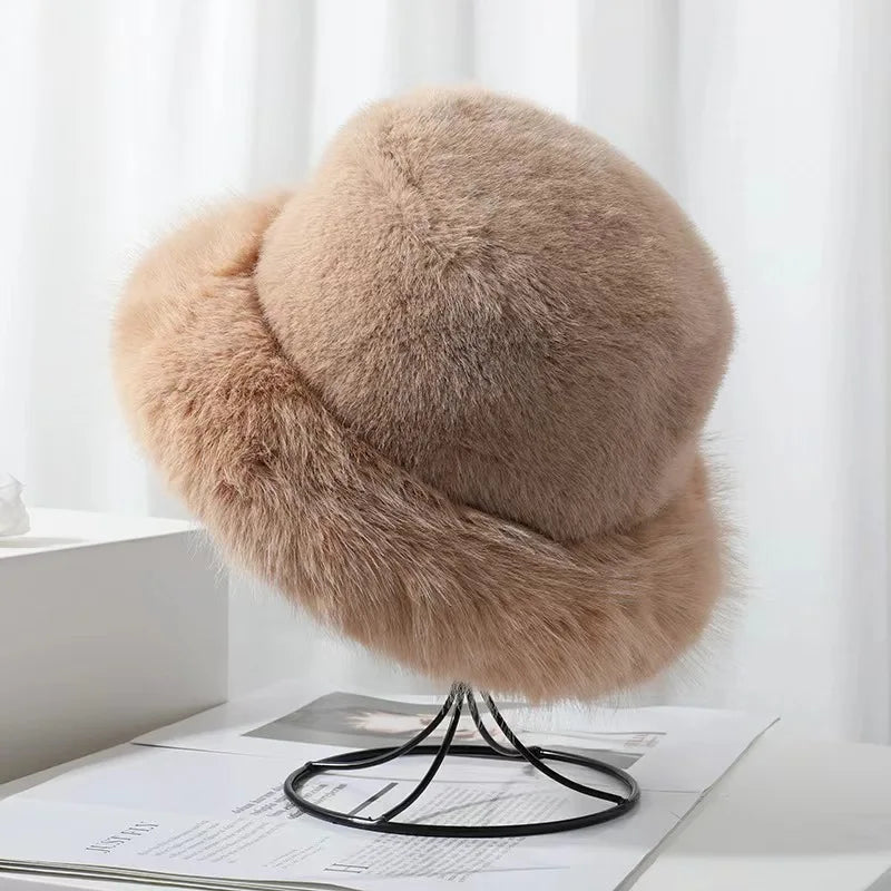 Y2K Fluffy Faux Fur Bucket Hat Women Rabbit Fur Warm Thick Plush