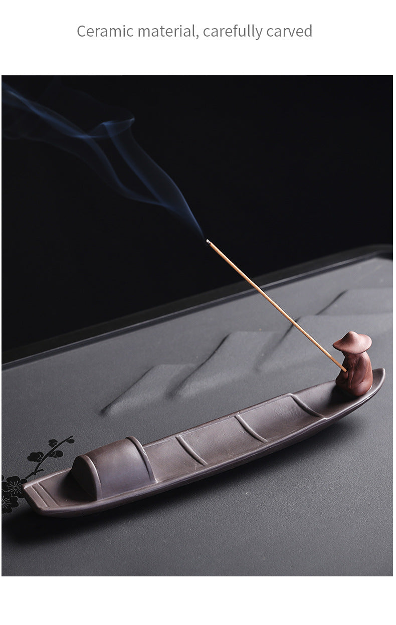 1pc Incense Stick Holder, Zen Meditation Purple Clay Fisherman Fishing Incense Stick Holder Home Decor (Without Incense)