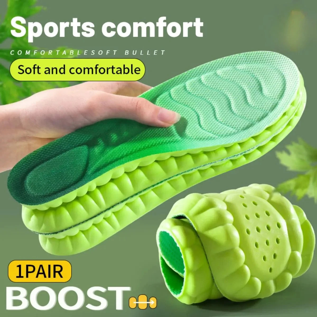 1Pair Sport Insoles PU High Stretch Shock Resistant Antibacterial Anti-odorant Breathable Insoles Comfortable for Shoes Cushion