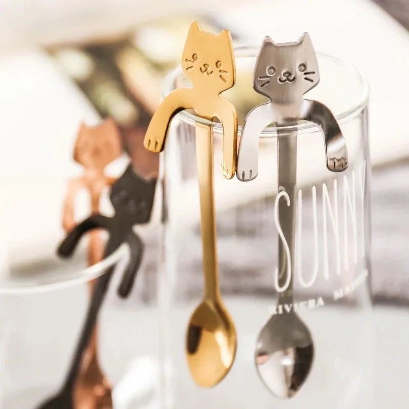 4pcs/set Stainless Steel Mini Cat Kitten Design Stainless Steel Coffee/Tea/Dessert/Drink/Mixing/Milkshake Spoon Flatware Gadgets