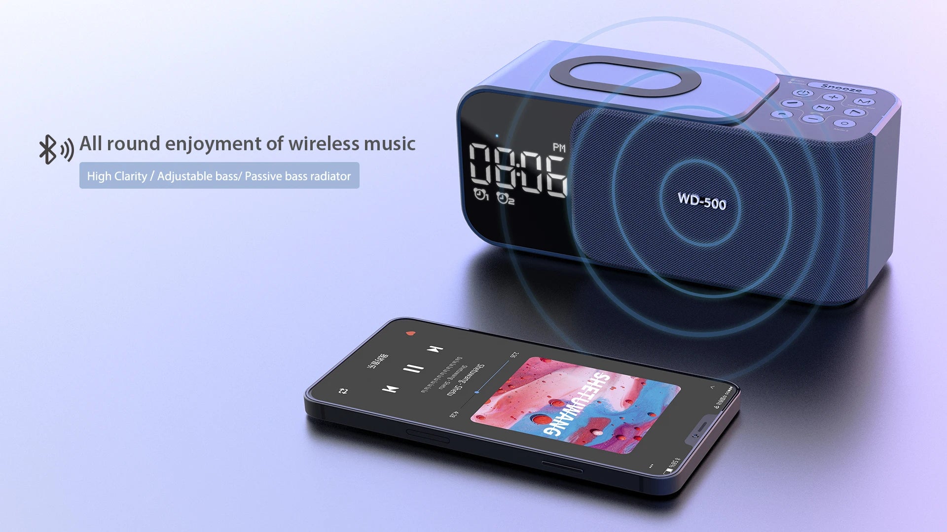 WD-500 Digital Led Mirror Alarm Clock Night Light Led Bluetooth Speakers with Wireless Charger Stereo Speakers
