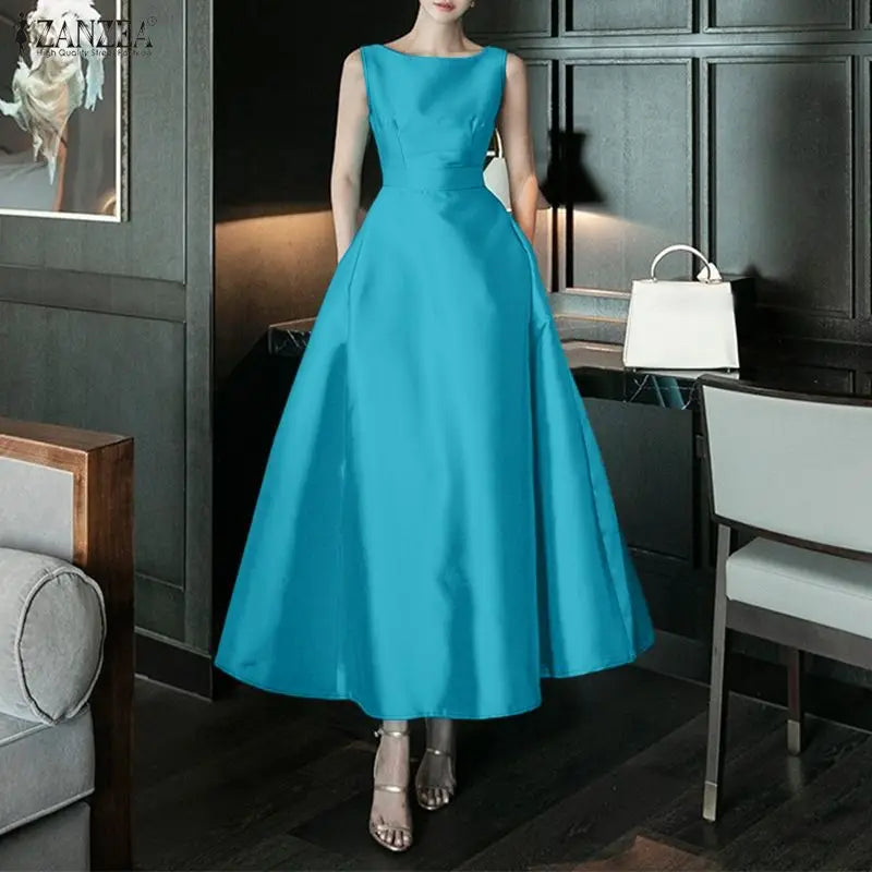 2026 Elegant Party Dress ZANZEA Stylish Women Satin Dress Summer Sleeveless OL Work Midi Dresses Solid A Line Waisted Sundress