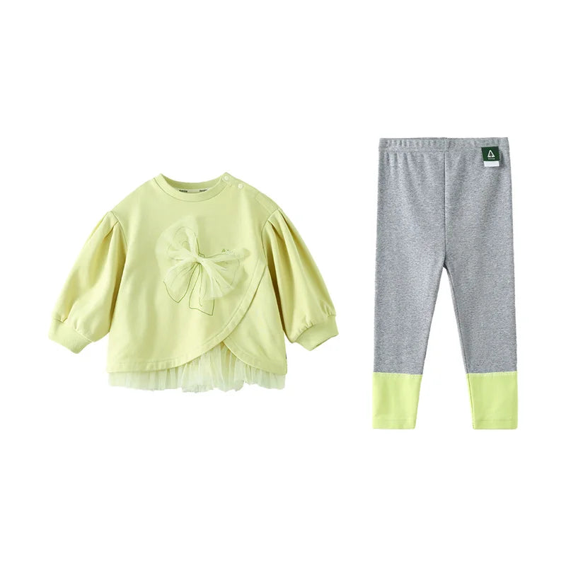 Amila Baby Set 2025 Spring New Solid Color Bow Solid Loose Sweatshirt Leggings Casual Soft Children's Two-Piece Set