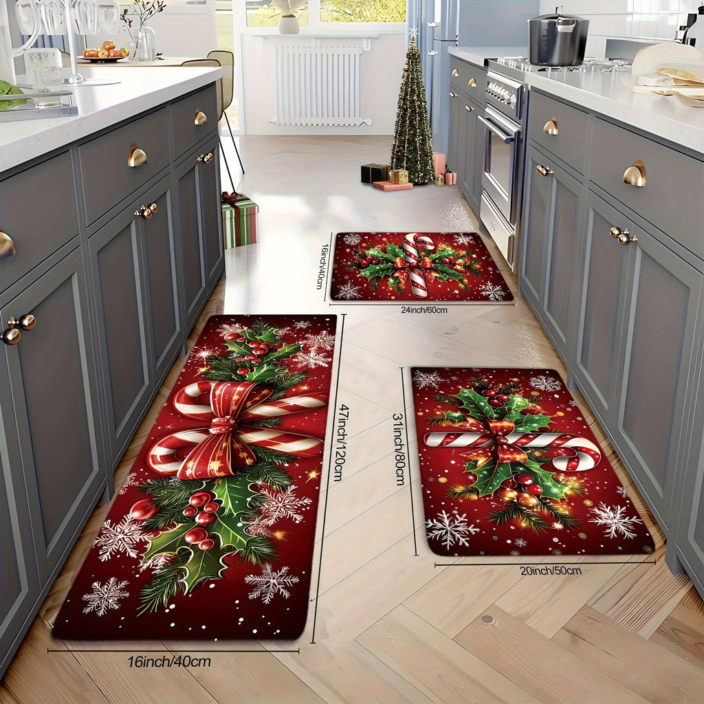 VIKAMA Merry Christmas Winter Decor Candy Canes Holly Snowflake Kitchen Mat Christmas Holiday Atmosphere Decor Festive Home Gift