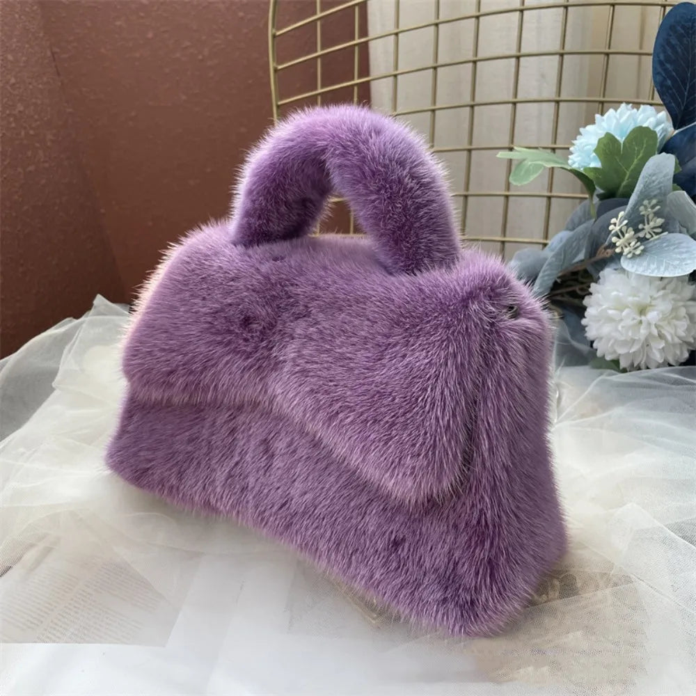 Mink Fur Small Bag for Woman Luxury Designers Handbag Women Black