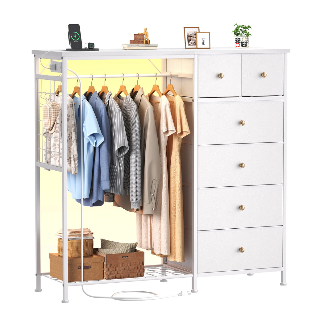 JHK 6 Drawer Fabric Dresser with Hanging Rack for Living Room