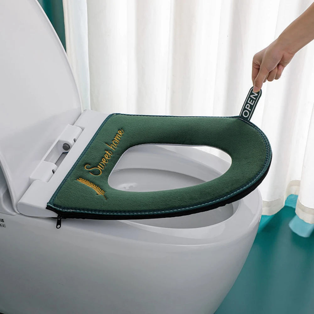 Washable Toilet Seat Cover with Flip Lid Handle, Soft WC, Closestool Mat, Bathroom, Removable, Zipper, Household, Warm, Winter
