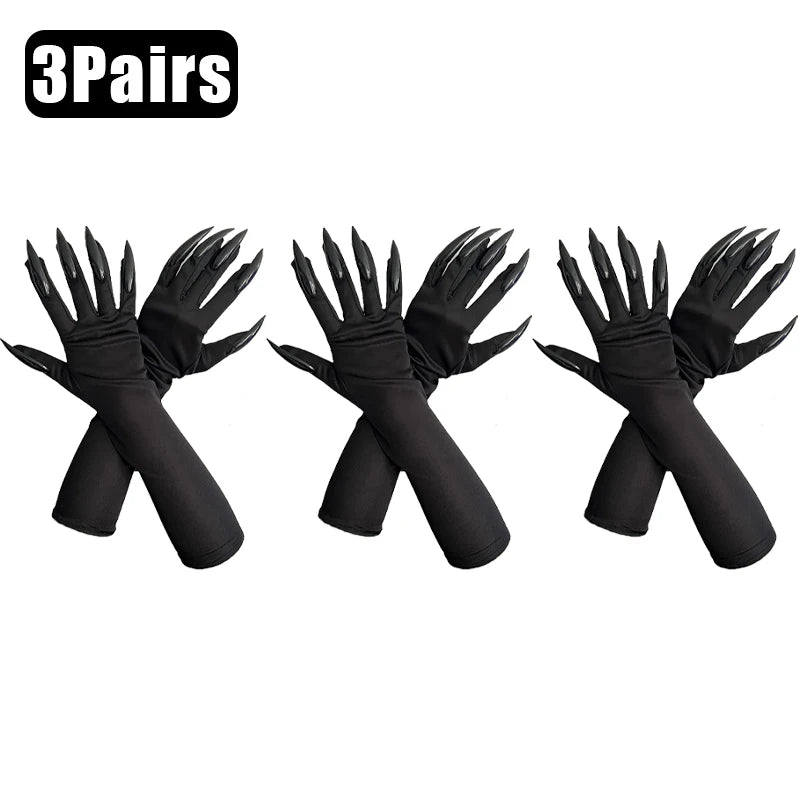 5/1pair Scary Long Nails Gloves Halloween Cosplay Ghost Claw Black Nails Finger Gloves Arm Sleeves Party Costumes Props Supplies