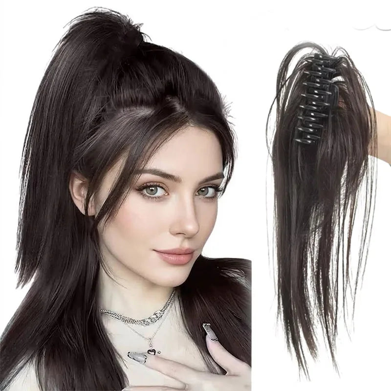 Short Straight Claw Clip Ponytail Extensions Synthetic Layered