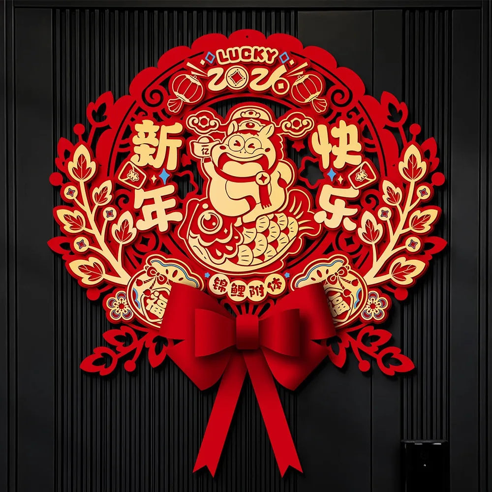 Chinese 2026 Horse Year Door Sticker Nonwovens Traditional Fu Character Sticker Blessing Cartoon New Year Wall Sticker