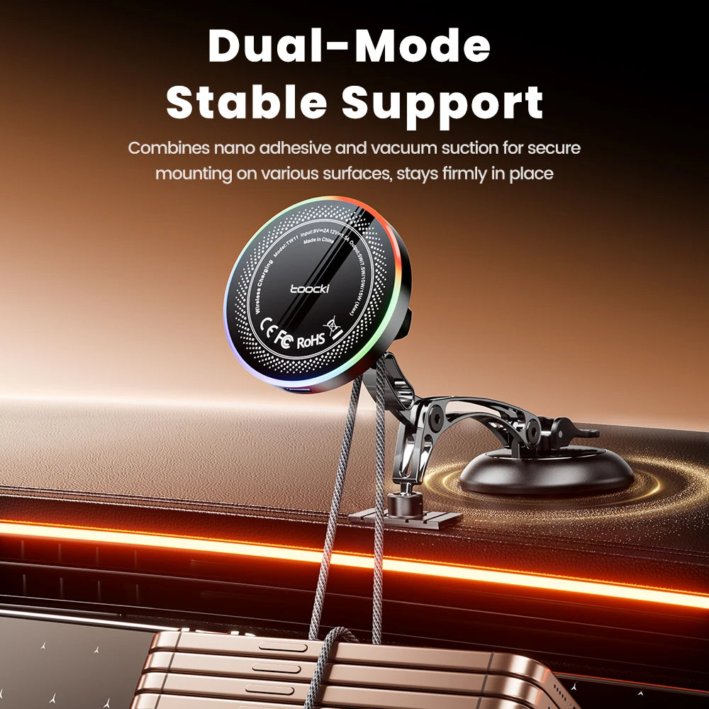 Toocki Magnetic Car Phone Holder 15W Wireless Charger Dual Pivot Mount Car Phone Stand for iPhone 17 16 15 Pro Max for Magsafe