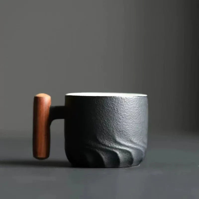 Blue Ceramic Coffee Mug Retro Wooden Handle Filter Tea Mug Office Water Cup Solid Color Gradient Glaze Coffee Cup TeaCup