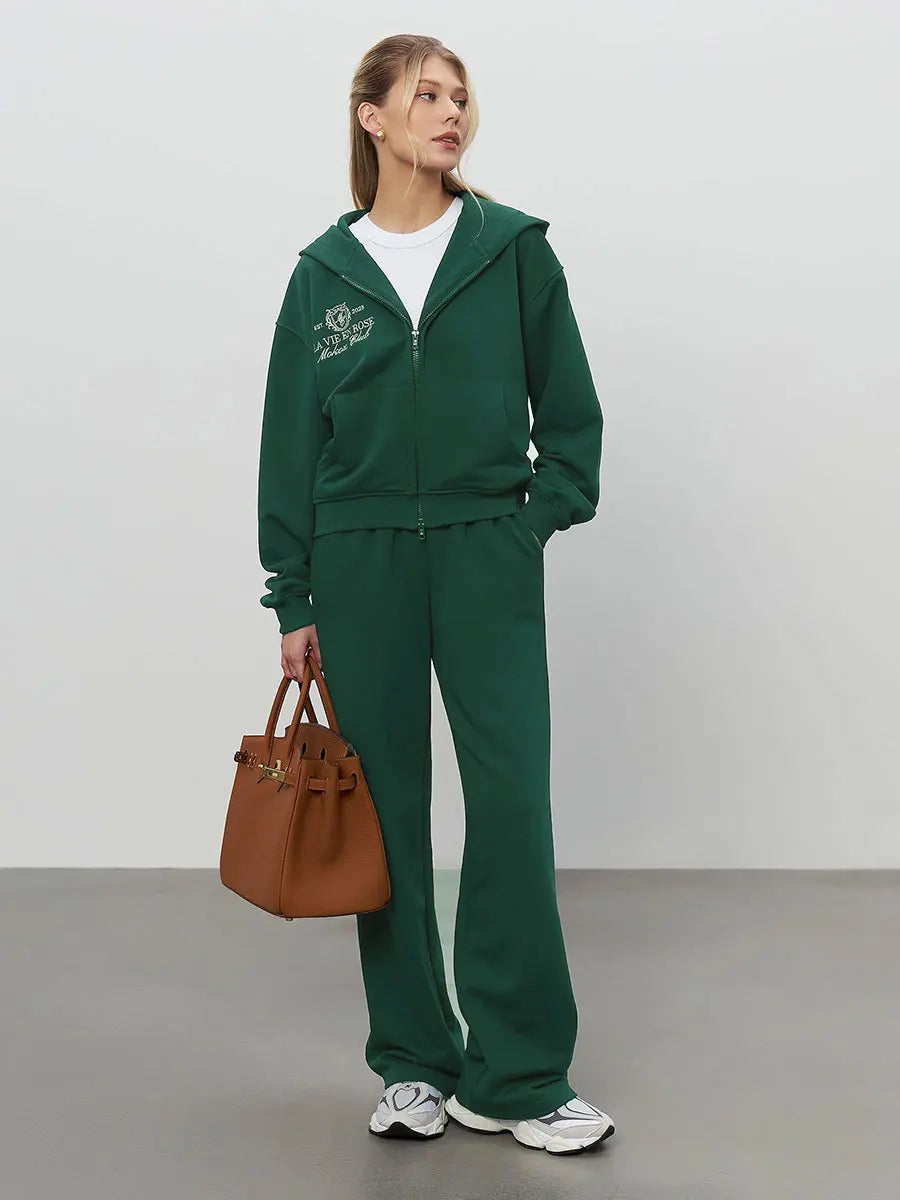 Sumuyoo Short Zipper Hoodie Set Women's 2025 Autumn Winter Casual Sports Hoodie Sweatshirt Wide Leg Pants 2 Piece Set