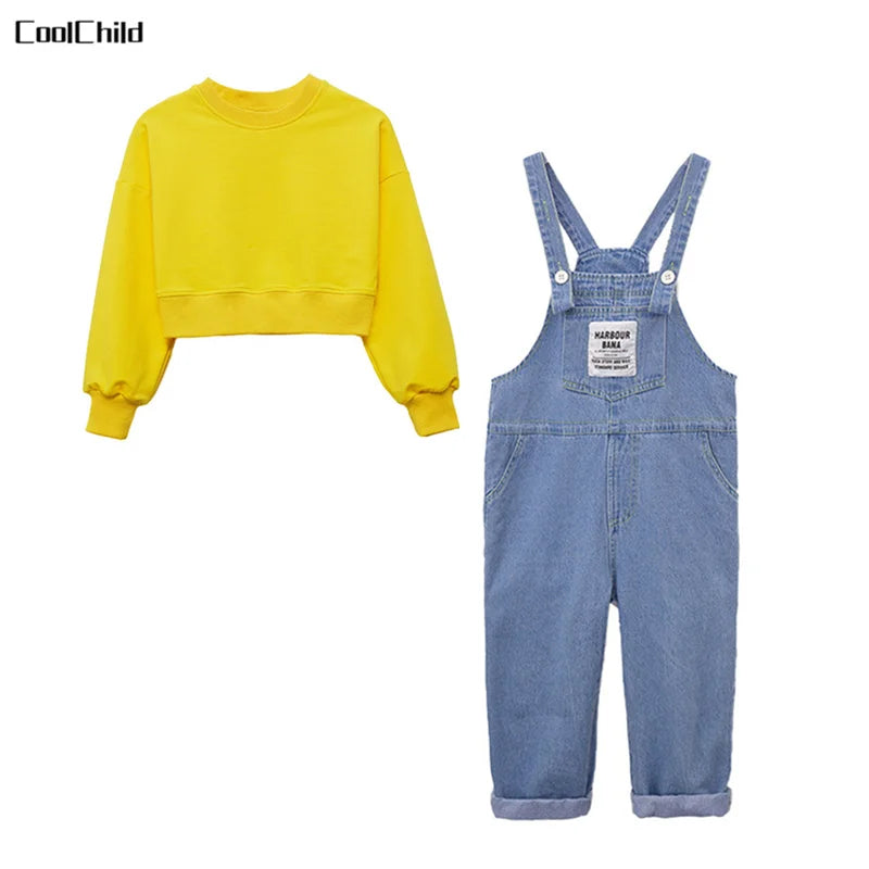 Boys Hip Hop Solid Sweatshirt Denim Loose Overalls Girls Crop Top Kids Dungaree Child Jumpsuit Street Dance Romper Streetwear