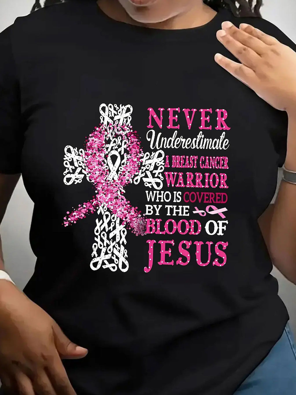 Women's Trendy Crew Neck T-Shirt Pink Ribbon Breast Cancer