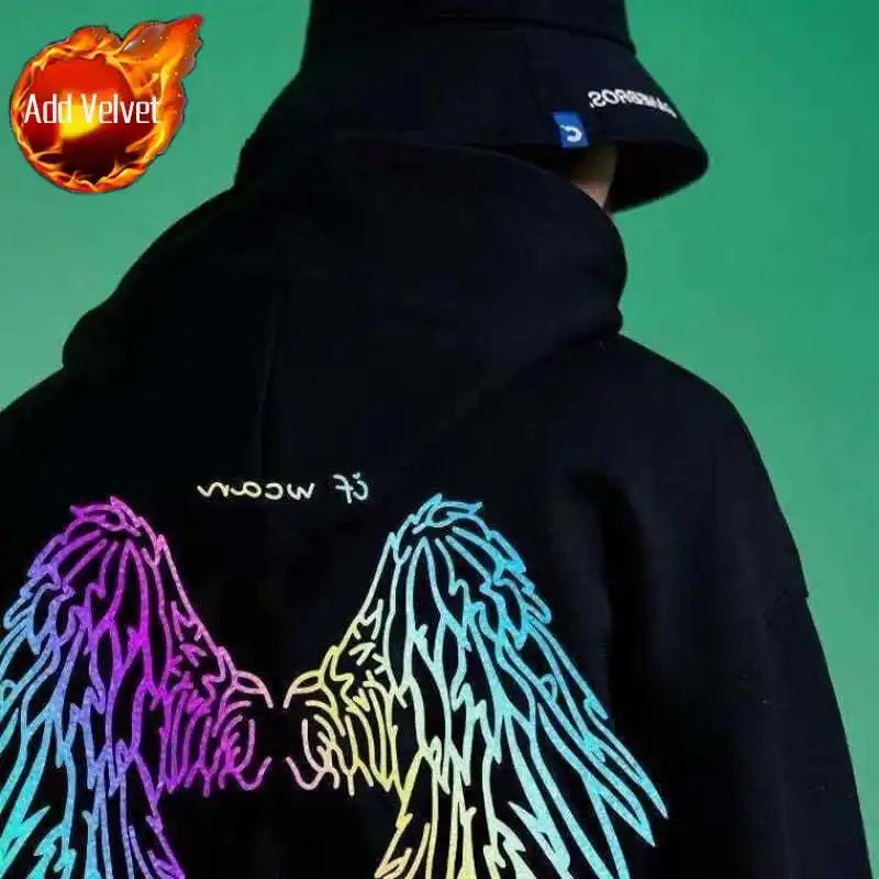Reflective Male Hoodie Hip Hop Overfit New in No Brand Y2k Vintage Novelty and Simple 90s Tops Fleeced Men's Hooded Sweatshirt