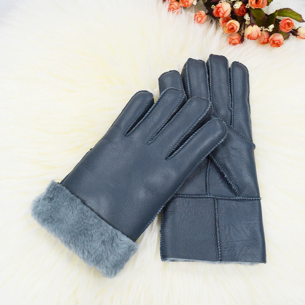 Classic Solid Color Winter Warm Sheepskin Fur Gloves Men Thickened Outdoor Motorcycle Riding Windproof And Leather Fur Gloves