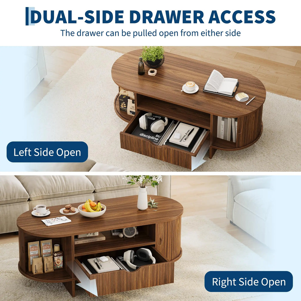 47.2in Oval Coffee Table with Storage Wood