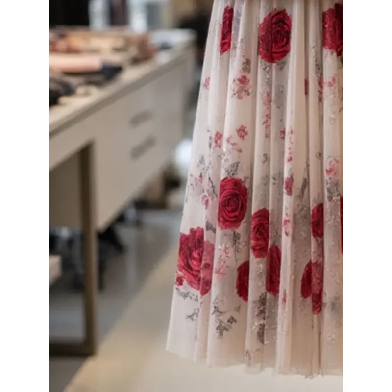 New Summer Fashion Rose Printed Skrit Women High Waist Slim Mesh Patchwork Pleated Bodycon Long Skirts Elegant Party