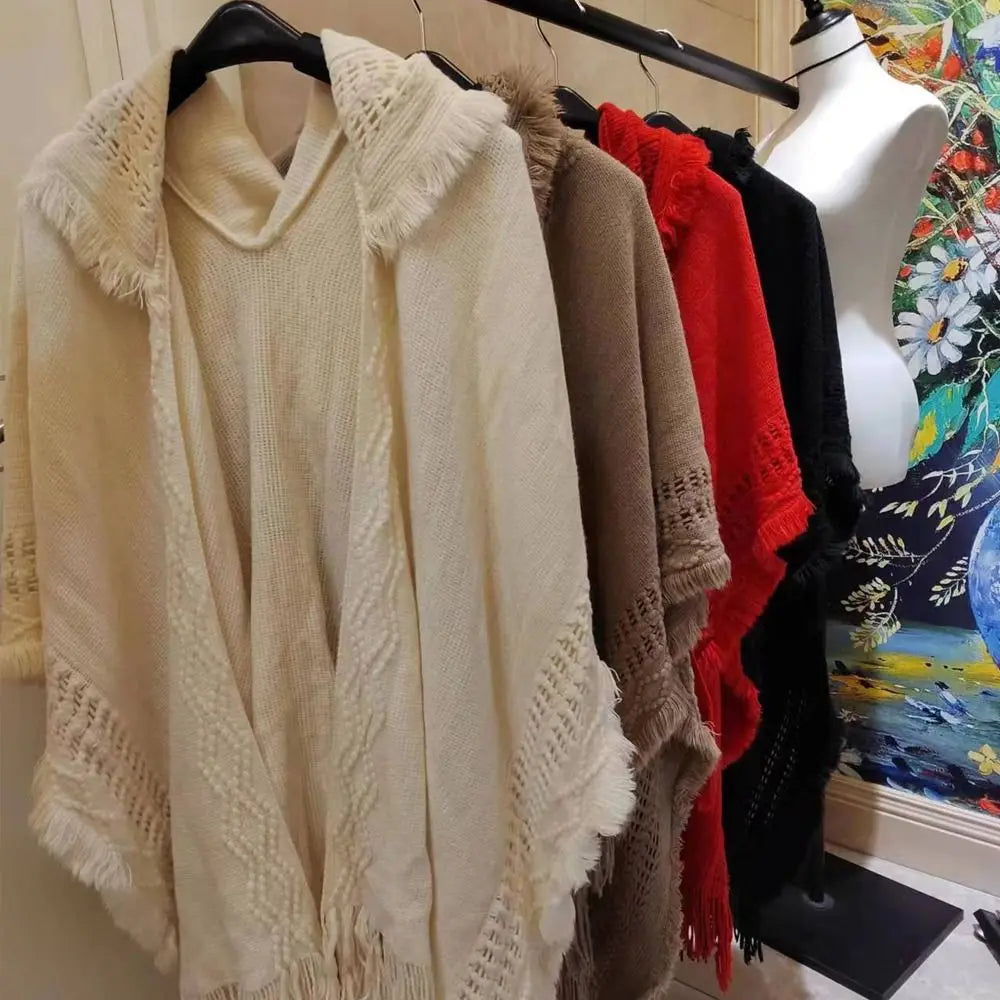 Luxury Elegant Cloak Hooded Knitted Shawl Bohemian Winter Warm Ladies Tassel Cape Oblique Stripe Wraps Scarf Coat