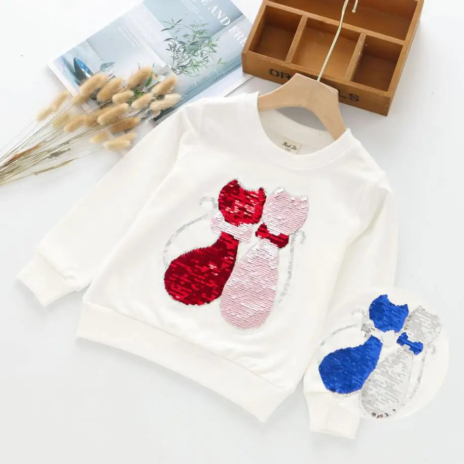 Cute Cat Baby Girls Hoody Sweatshirt Toddler Kids Cotton Sequins Cartoon Sweater Children Spring Autumn Clothes Tops
