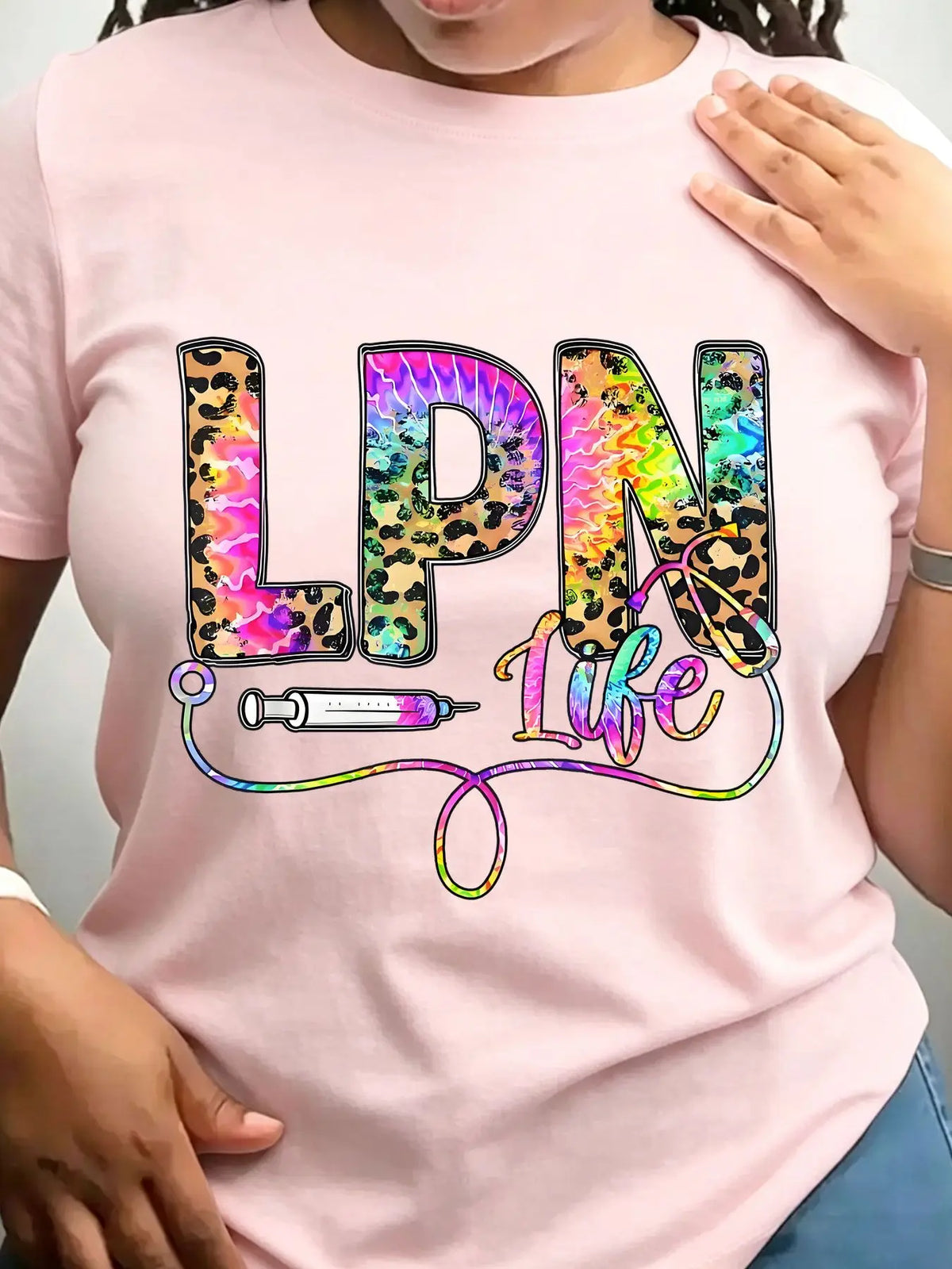 Women's Trendy Crew Neck T-Shirt Lpn Life Leopard Tie