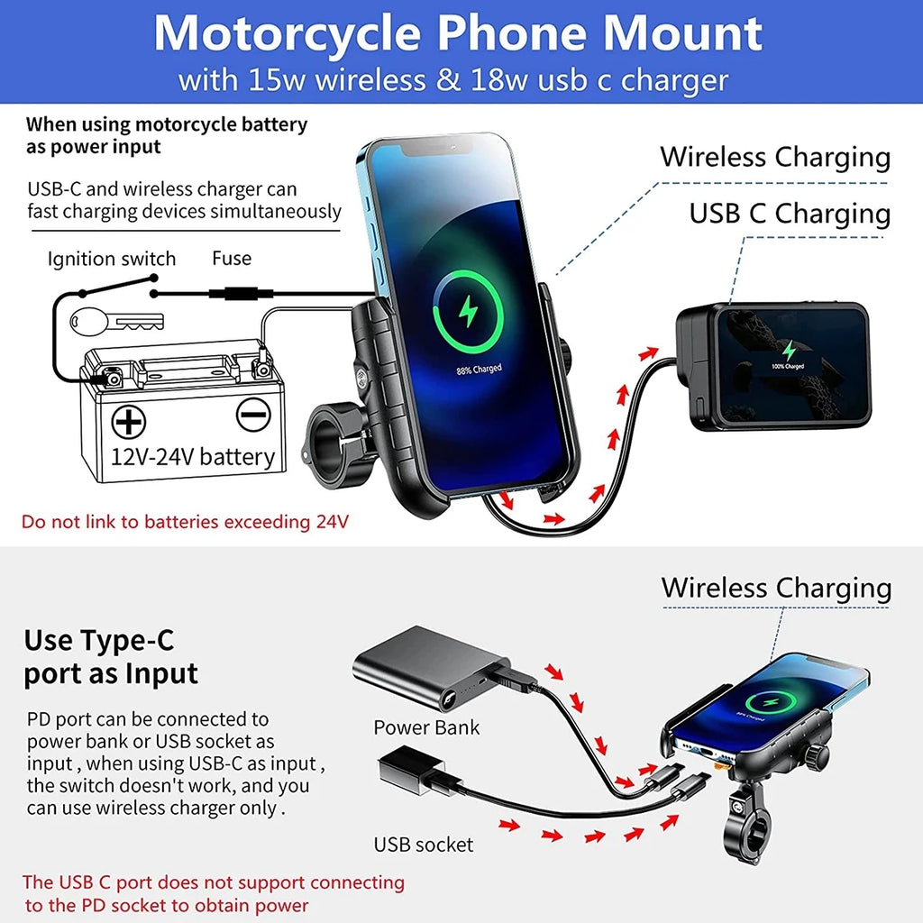 Motorcycle Phone Holder Wireless Charger Moto Motorbike Mirror Mobile Stand Support USB-C Fast Wireless Charging Cellphone Mount
