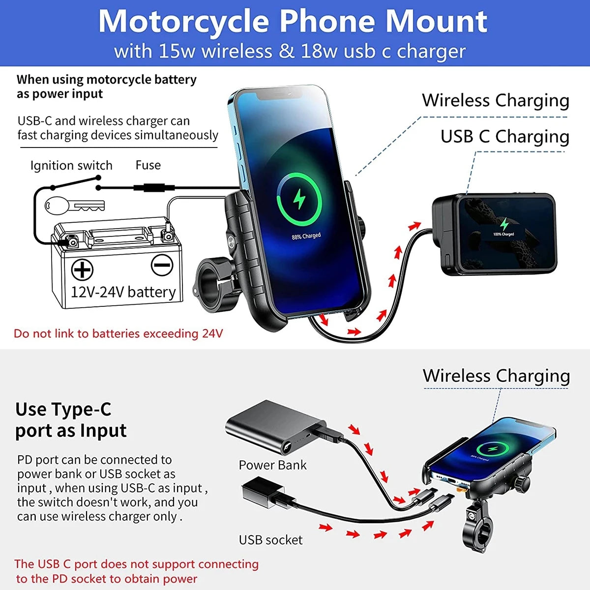 Motorcycle Phone Holder Wireless Charger Moto Motorbike Mirror Mobile Stand Support USB-C Fast Wireless Charging Cellphone Mount