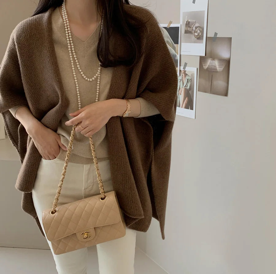 Fashion Elegant Knitted Shawl Jacket Korean Style Women's Casual Loose Warm Cloak Top Solid Color Knitted Cardigan Sweater Coats