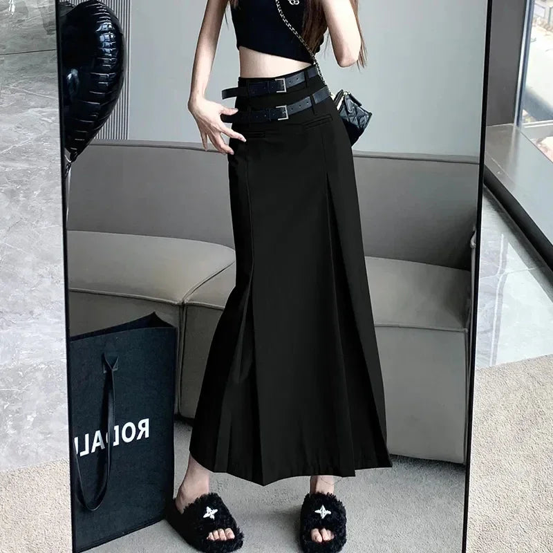 Women Double Belt Suit Skirts Korean Fashion High Waist Midi Skirt