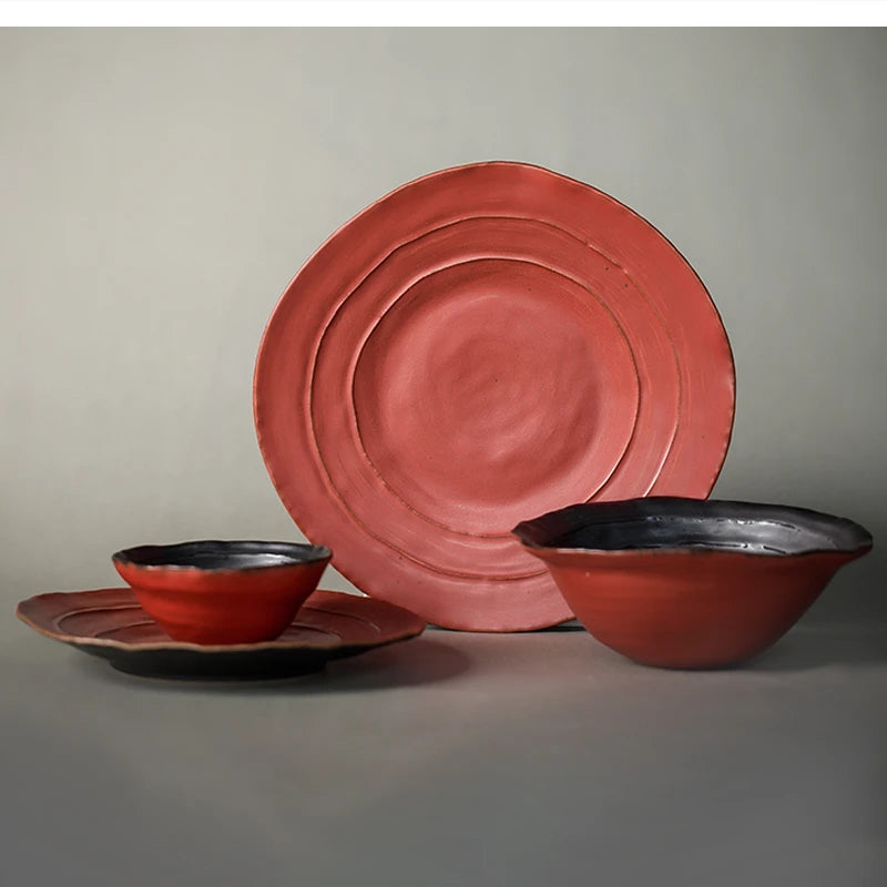 Handmade Stoneware Set Irregular Ceramic Plates Bowls art dish dining noodle