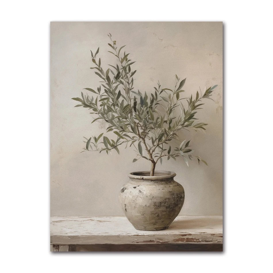 Vintage Minimalist Wall Art Italy Olive Tree in Vase Canvas Painting Poster Prints Still Life Botanical Antique Home Room Decor