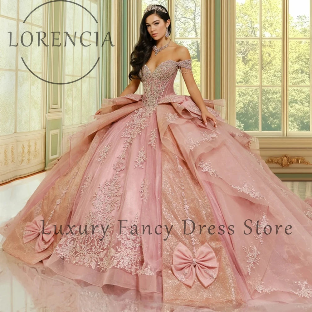 Princess Applique Quinceanera Dresses Bows Ruffles Sweet 16 Birthday Ball Gowns Customized Crystal Tulle vestidos de novia