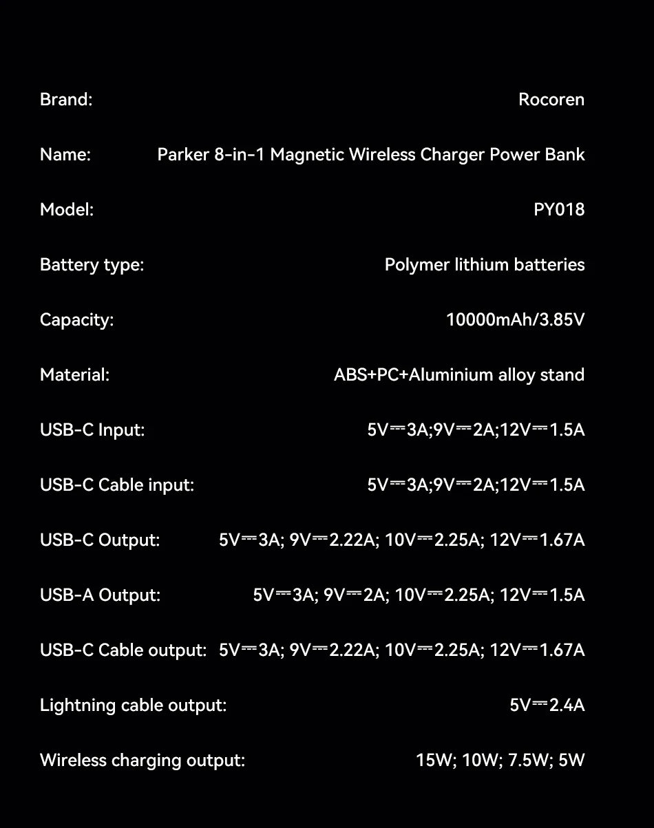 Rocoren PD 22.5W Fast Charging Power Bank 10000mAh Magnetic Wireless Charger for iPhone 16 15 14 Powerbank Built Charging Cables