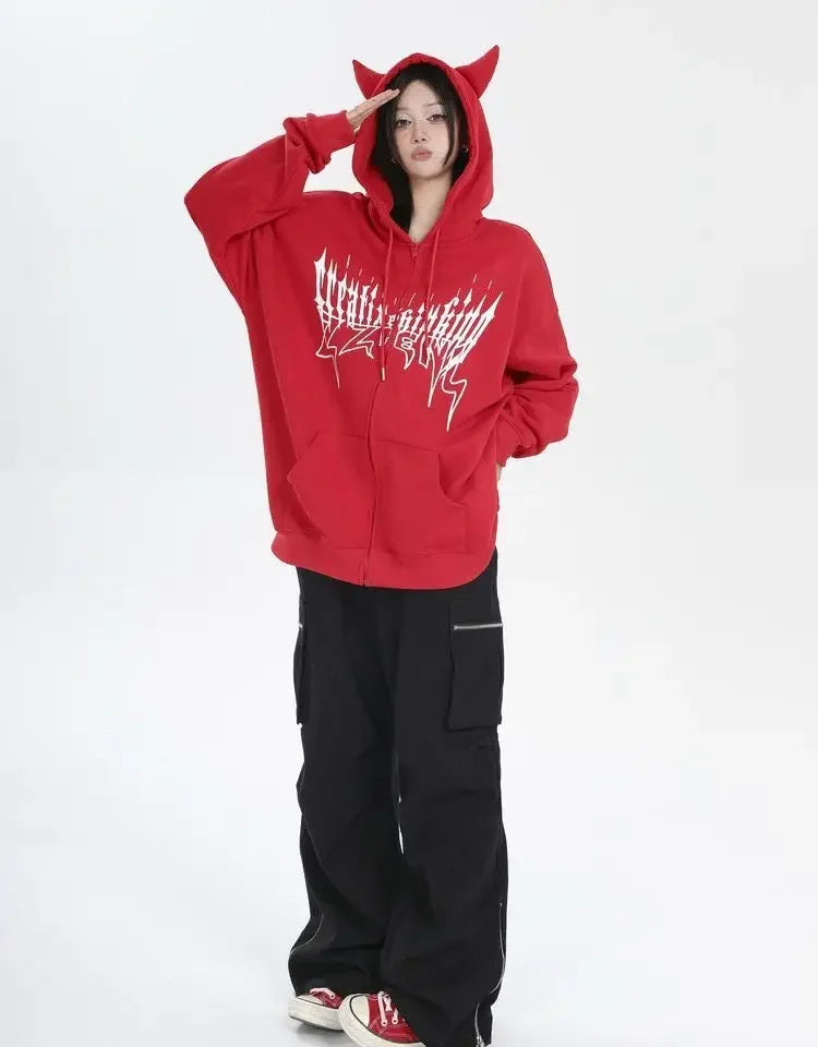 Japanese Zip Up Devil Horns Hoodies Women Harajuku Punk Gothic Sweatshirt Fairy Grunge Jacket Coat Streetwear Alt Emo Clothes