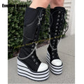 Metal Chain Decoration Canvas Boots Round Toe Wedges Lace up Lady