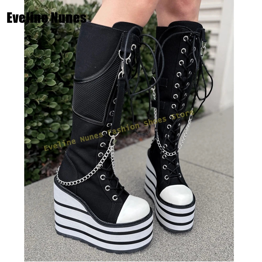 Metal Chain Decoration Canvas Boots Round Toe Wedges Lace up Lady