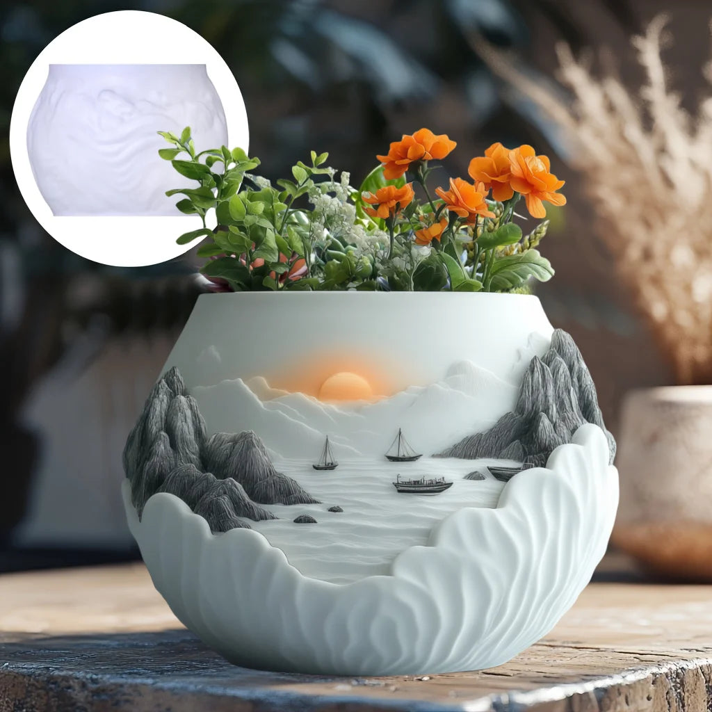 Sea Bay Canyon Relief Succulent Plant Flower Pot Resin Silicone Mold Mountain Range Sea Sunrise Relief Storage Box Gypsum Molds