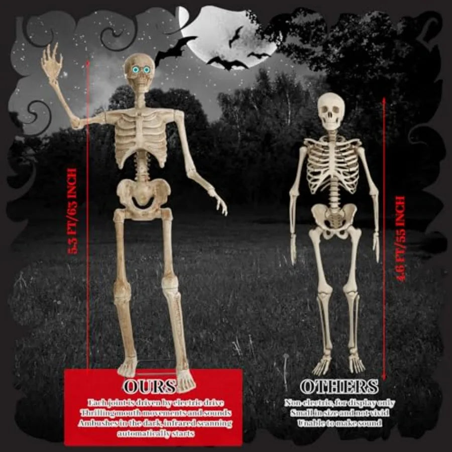 Halloween yard prop: PVC skeleton, black, LED glowing eyes creepy sounds, life-size, posable joints, indoor/outdoor use