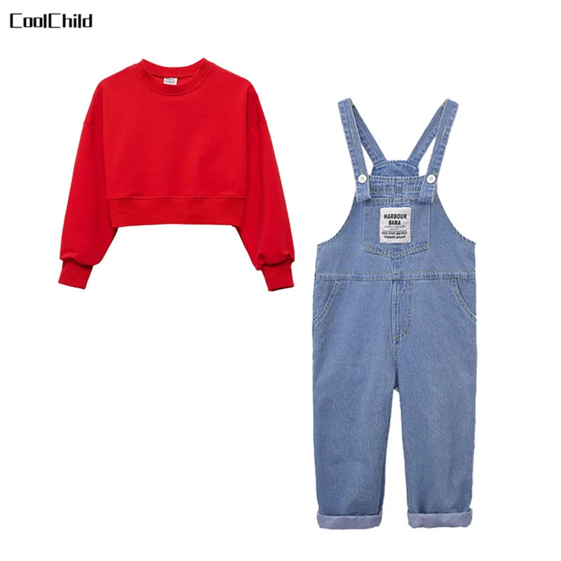 Boys Hip Hop Solid Sweatshirt Denim Loose Overalls Girls Crop Top Kids Dungaree Child Jumpsuit Street Dance Romper Streetwear