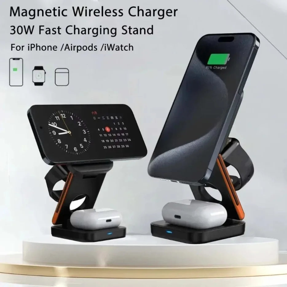 3 in 1 Foldable Magnetic Wireless Charger Stand 100W Fast Charging Station for iPhone 16 15 14 13 12 iWatch 10-2 Airpods Pro Max