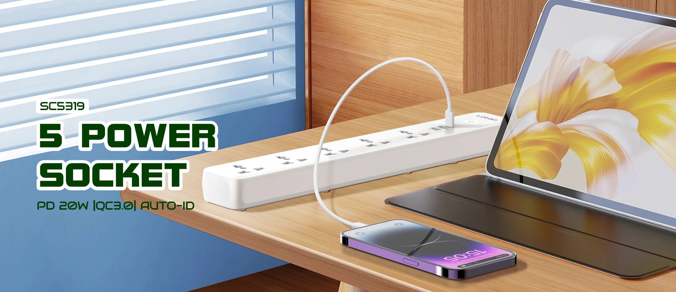 LDNIO 2500W Power Strip with 5 AC Outlets & 3 USB Charging Ports 2M Extension Cable Kitchen Household  EU UK US Plug