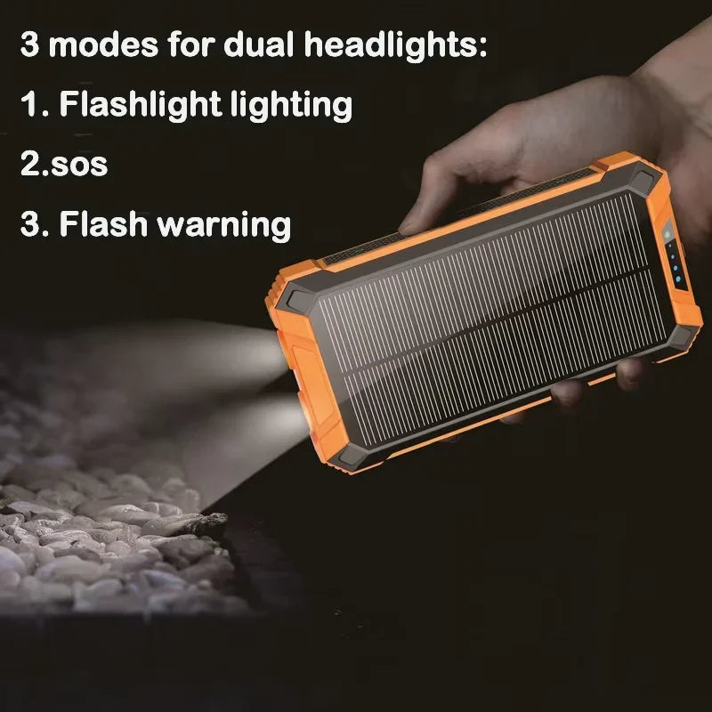 New Solar Power Bank 20000mAh Mobile Power Fast Charging Battery multifunctional With 4 Cables Wireless Charger LED Flashlight