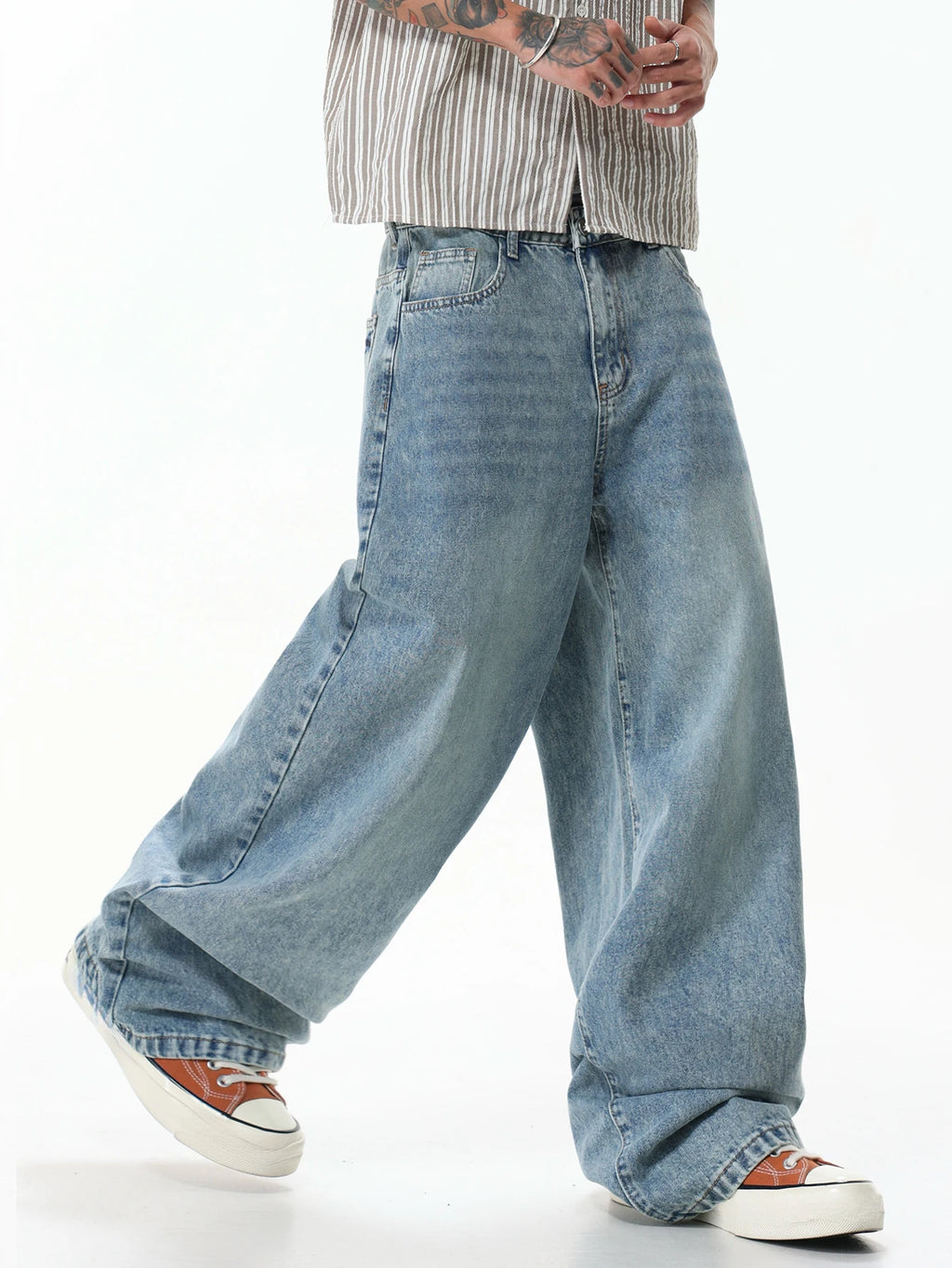 Men's Washed Blue Baggy Wide-Leg Jeans Y2K Street Fashion Casual