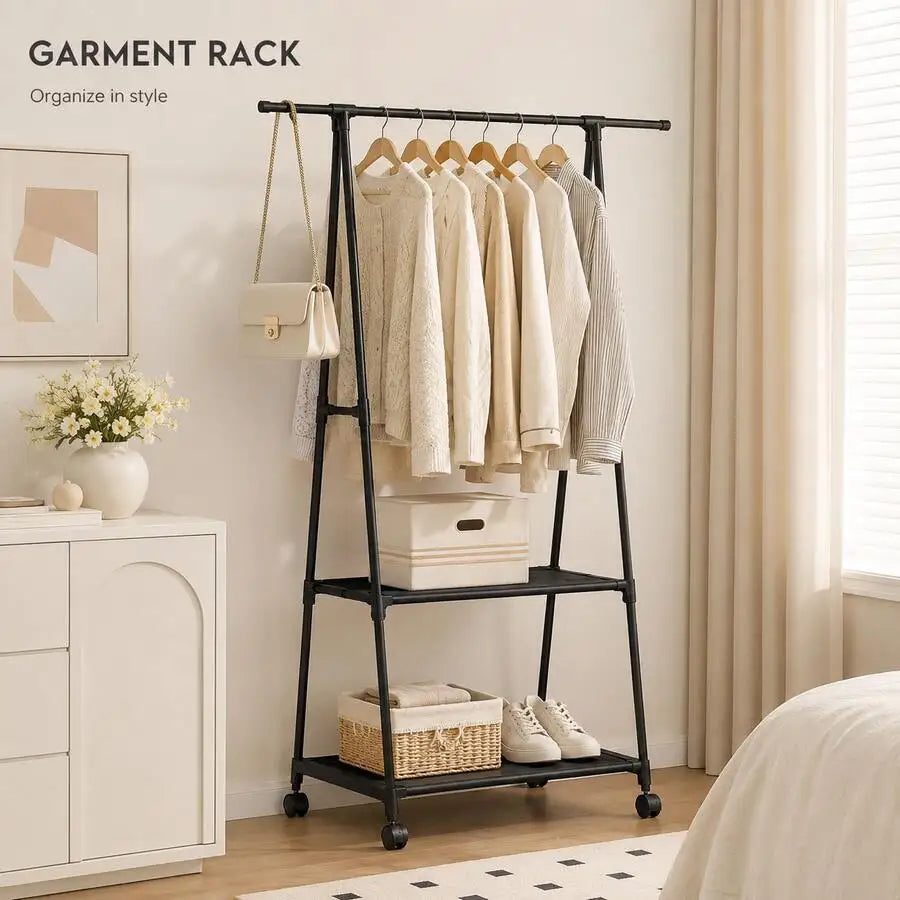 A-Frame Rolling Clothes Rack With 2 Storage Shelves