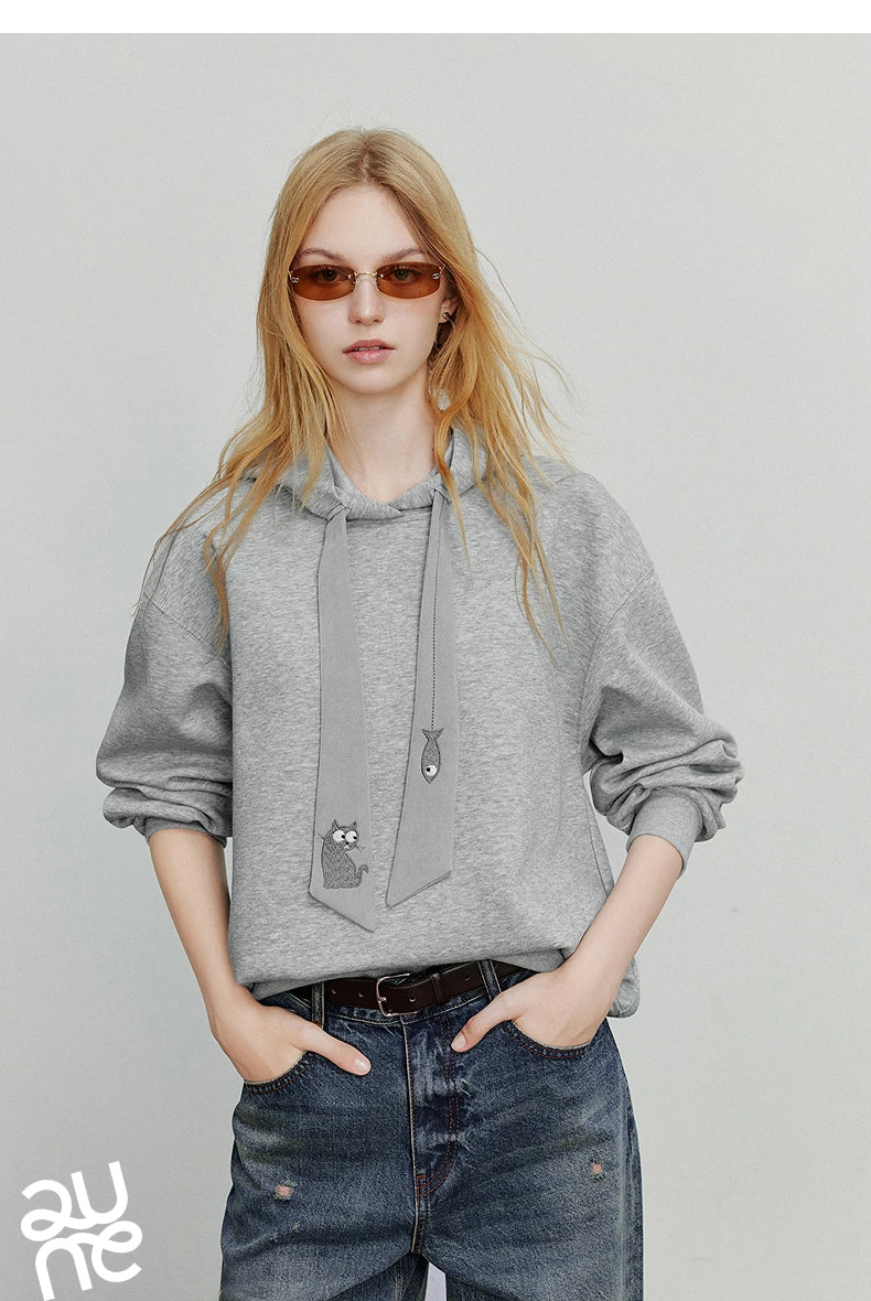 TOYOUTH Women Hoodies Sweatshirt 2025 Autumn New College Style Cat Embroidery Tie Cotton Hooded Pullover Tops