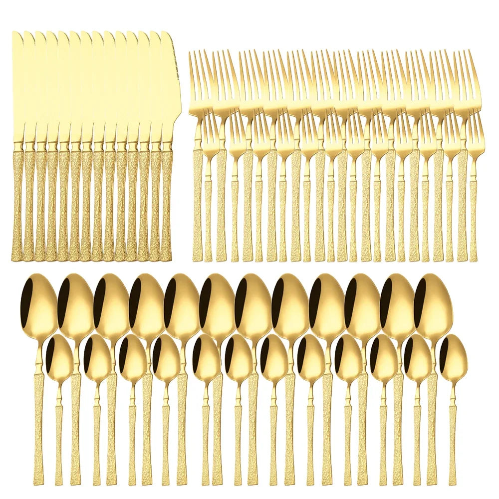 40/60pcs Stainless Steel Cutlery Set,Hammer Pattern Handle,Dishwasher Safe Flatware,Durable Dinnerware for Home,Restaurant,Party