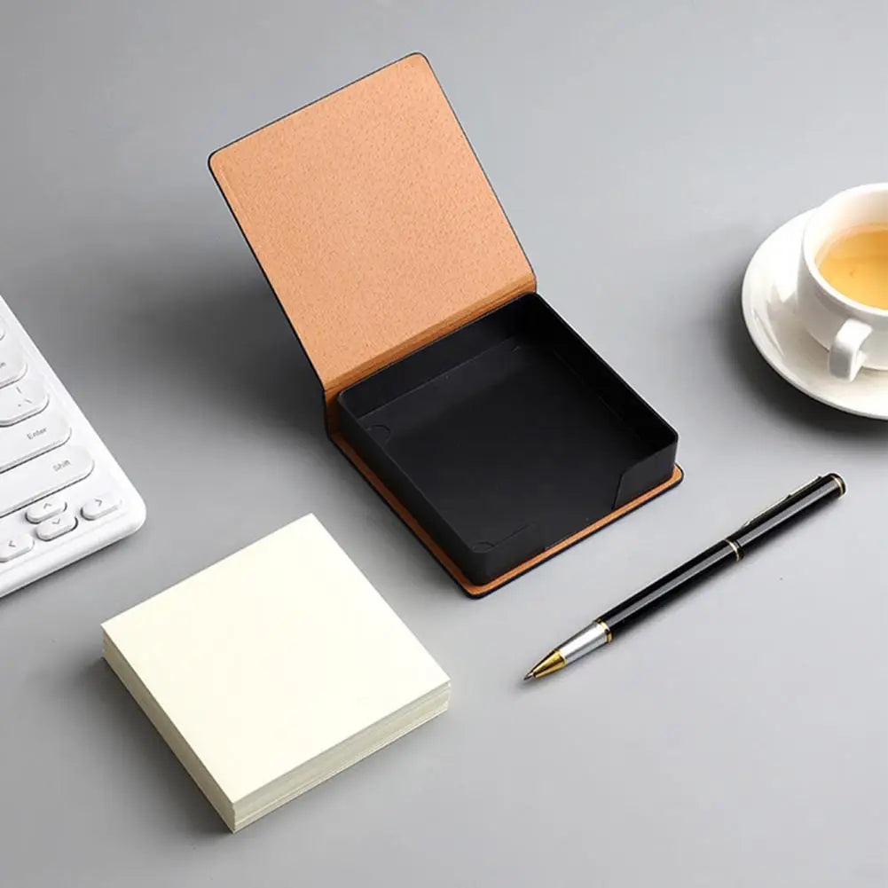 Desk Organizer with Note Paper Note Box with Grooves Imitation Leather Sticky Notes Holder with Lid Cover Name Cards Organizer