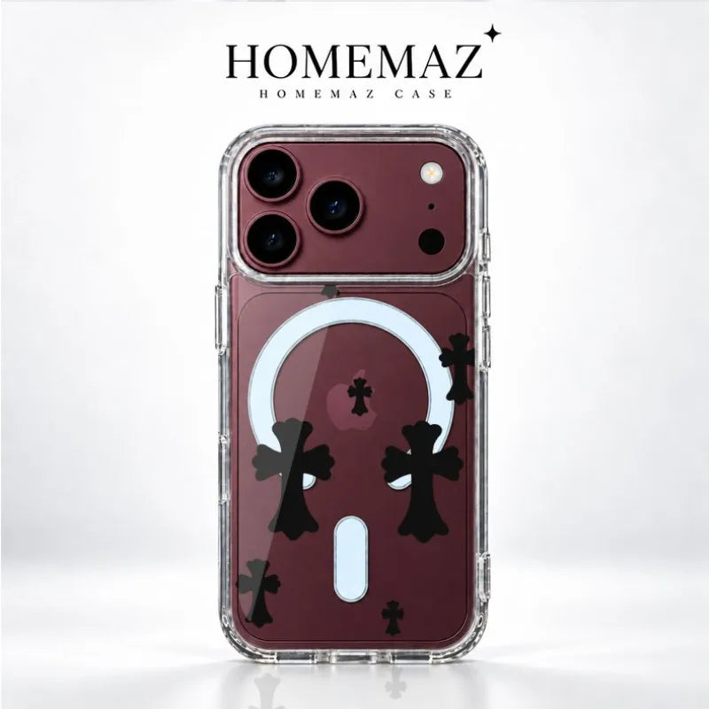 Clear Magnetic Case for iPhone with Gothic Cross Print, Slim Shockproof Soft Cover, Raised Camera Guard, Wireless Charging Support