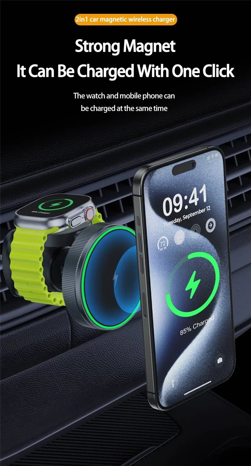 NEW 2 In 1 Magnetic Car Wireless Charger for Apple Watch IWatch 8 7 6 iPhone 15 14 13 12 Pro Max Car Fast Charging Holder Mount